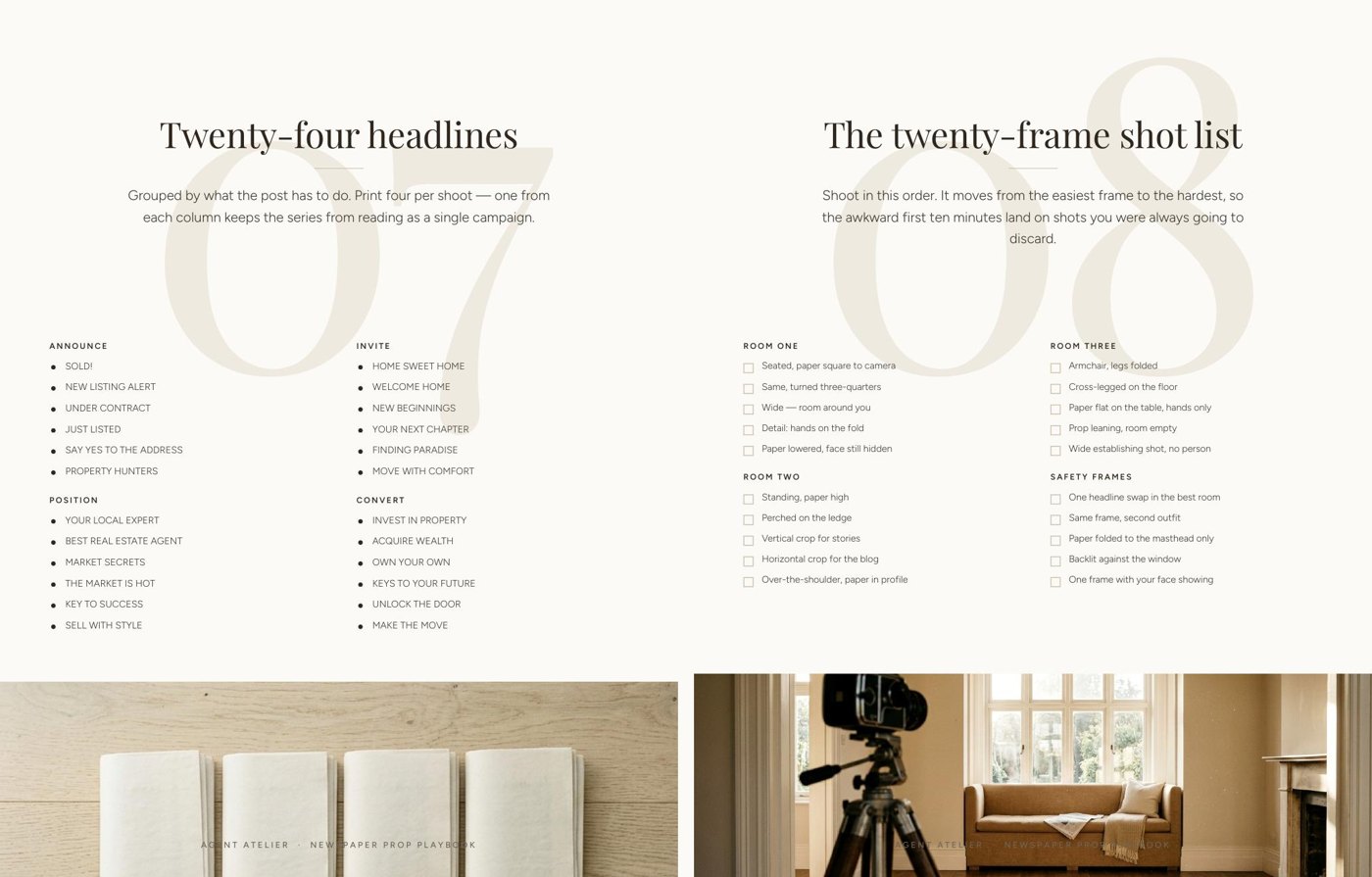 Inside the Newspaper Prop Photoshoot Playbook — the twenty-frame shot list and the light and camera page